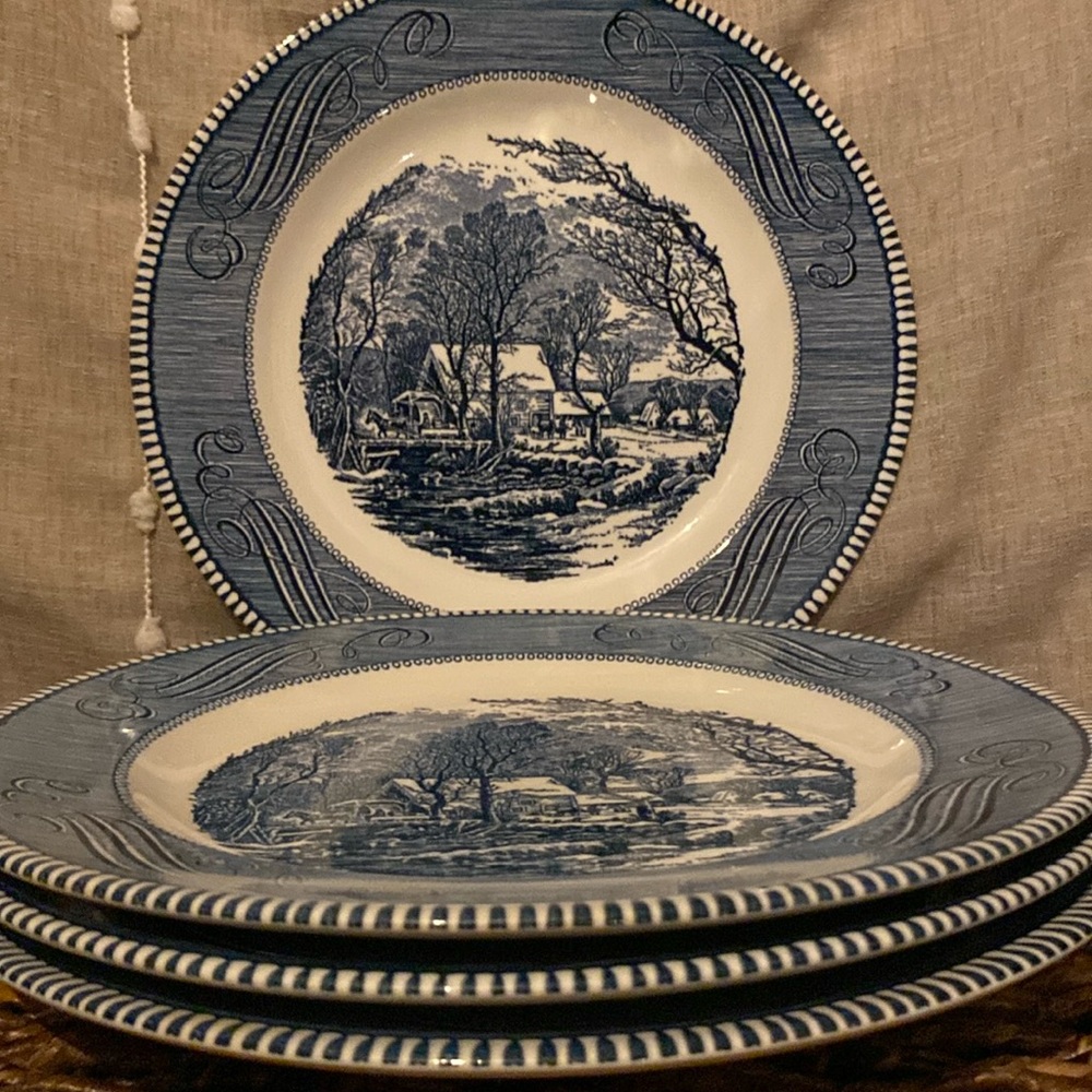 Currier & Ives The Old Grist Mill Plates - Winter Snow pattern